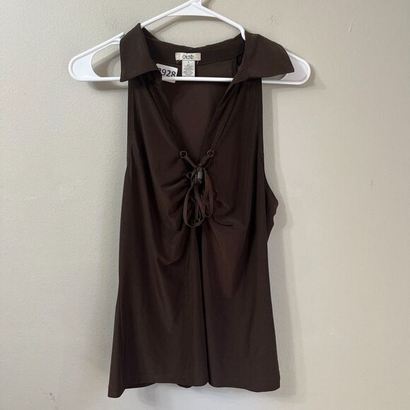 Vtg Y2K Cache Womens Top Brown Medium Collared Drawcord Ruched Sleeveless - Picture 4 of 7
